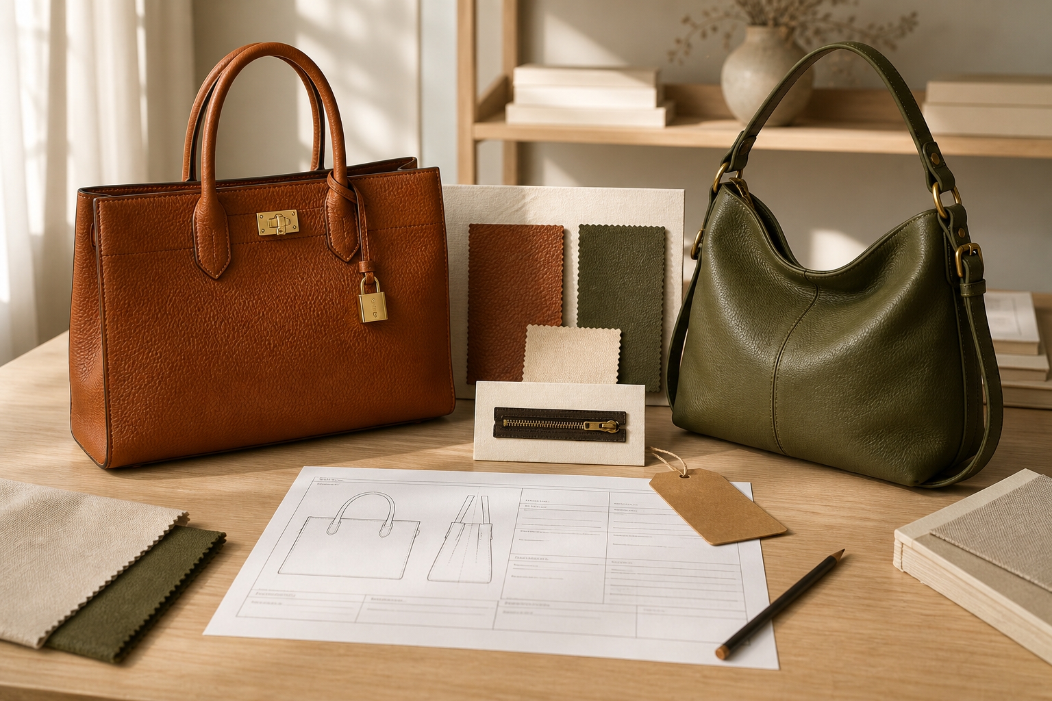 Two custom leather handbags with swatches and a tech pack on a sourcing table