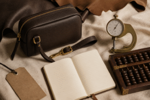 Editorial still life of handbag hardware, leather, and costing notes for MOQ pricing