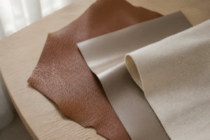 Editorial illustration of leather, PU, and canvas swatches for custom handbag materials