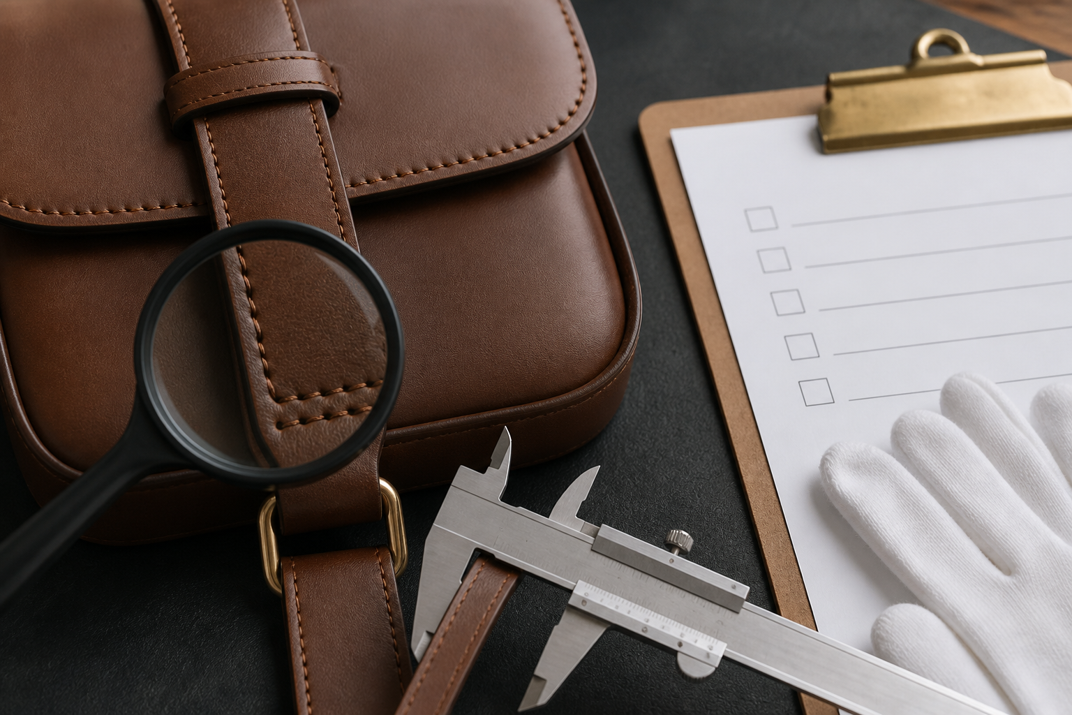 Editorial illustration of handbag stitch inspection with loupe and caliper