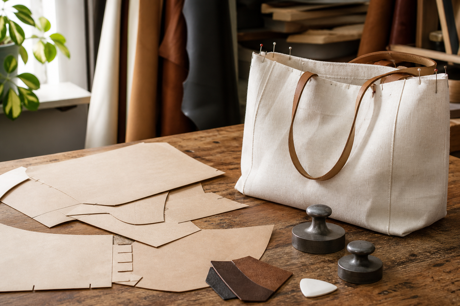 Editorial illustration of paper patterns and a pinned sample bag on a development table