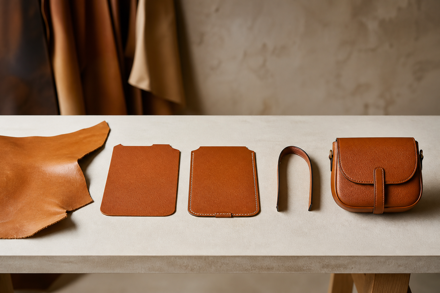 Editorial illustration of handbag production steps from hide to finished bag