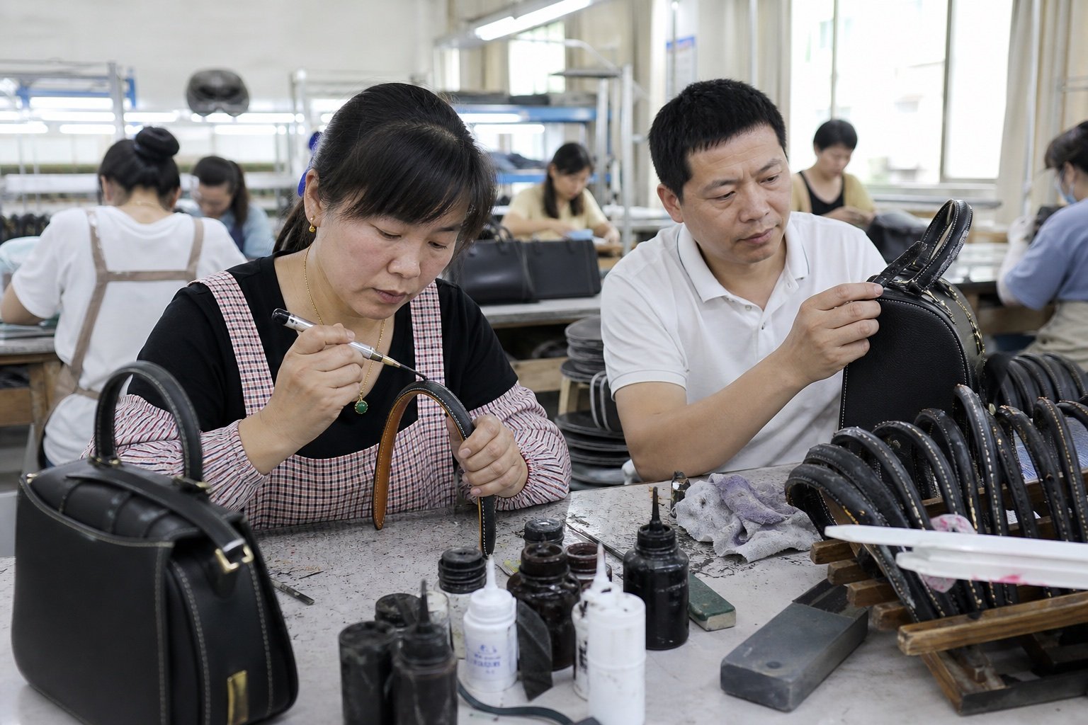 Asian handbag artisans applying edge paint to leather handles