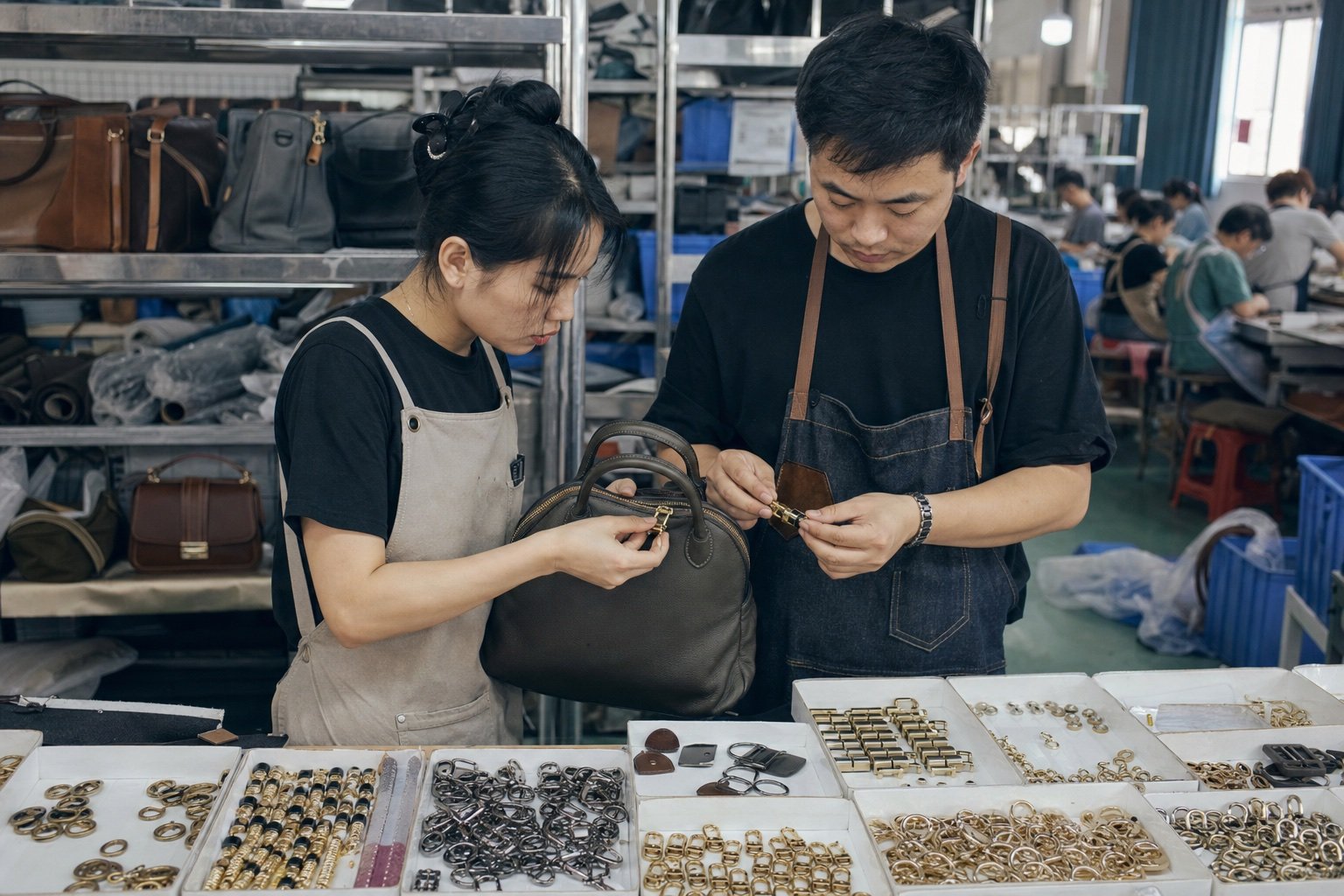 Asian handbag factory workers selecting buckles and metal hardware