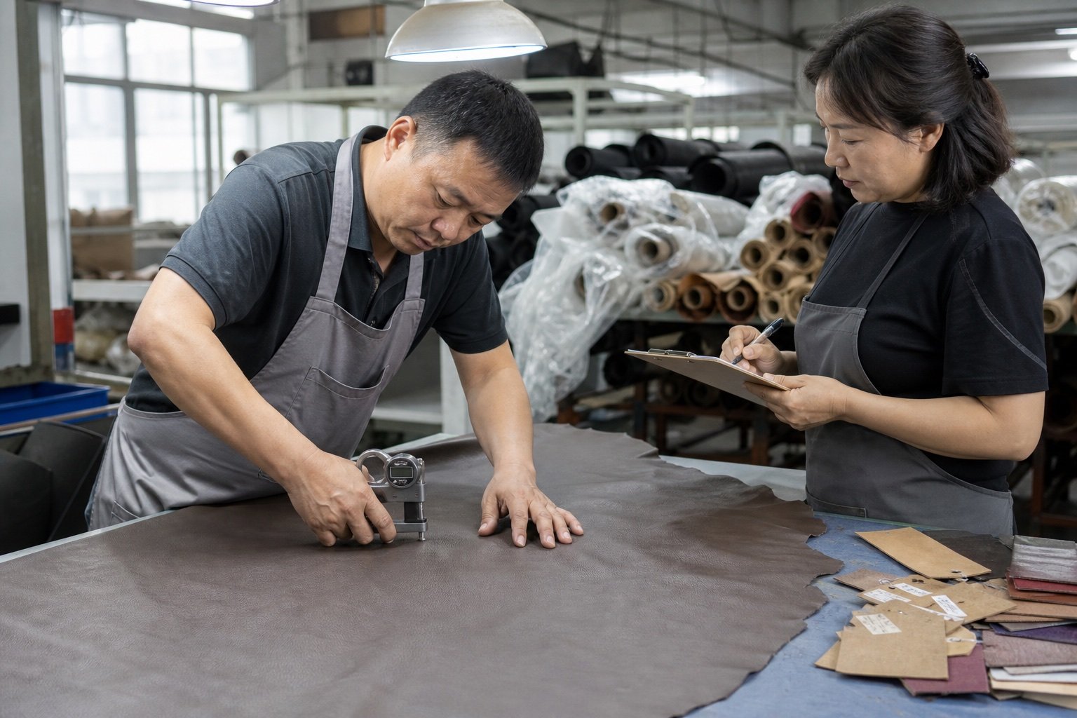 Asian quality control workers inspecting leather material thickness