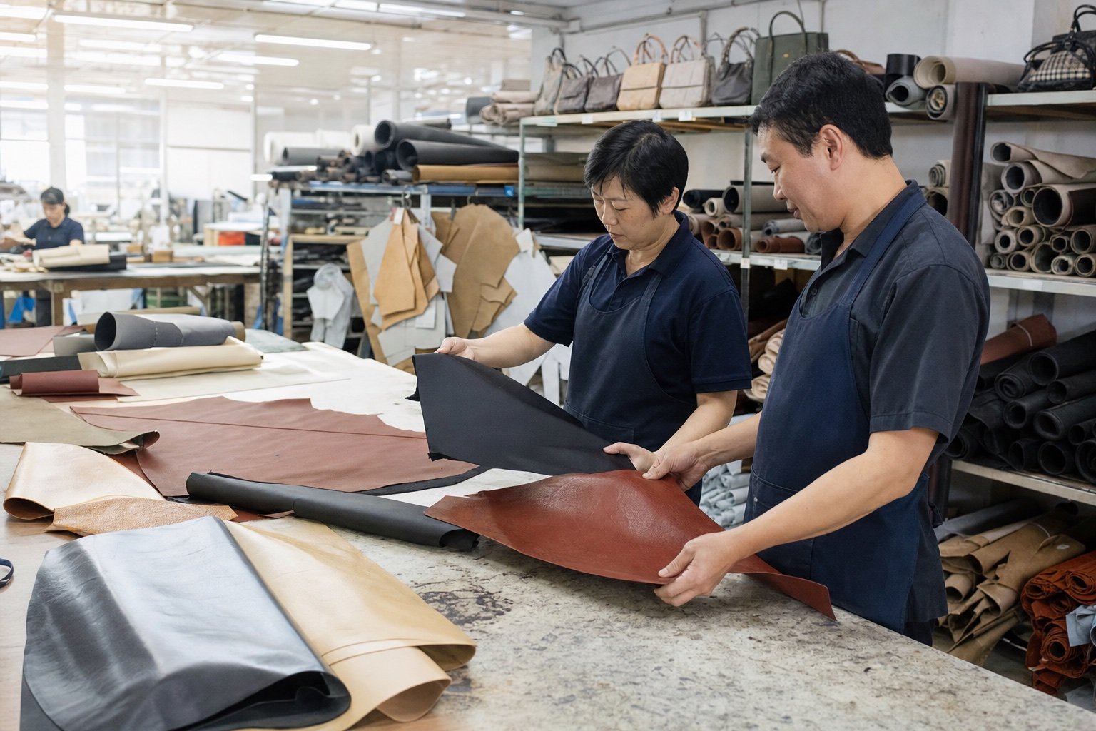 Asian handbag factory workers selecting leather materials