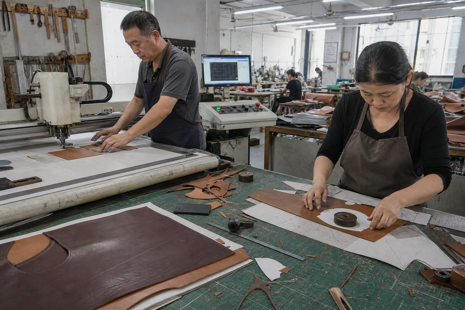 Asian handbag factory workers cutting leather with patterns and machinery