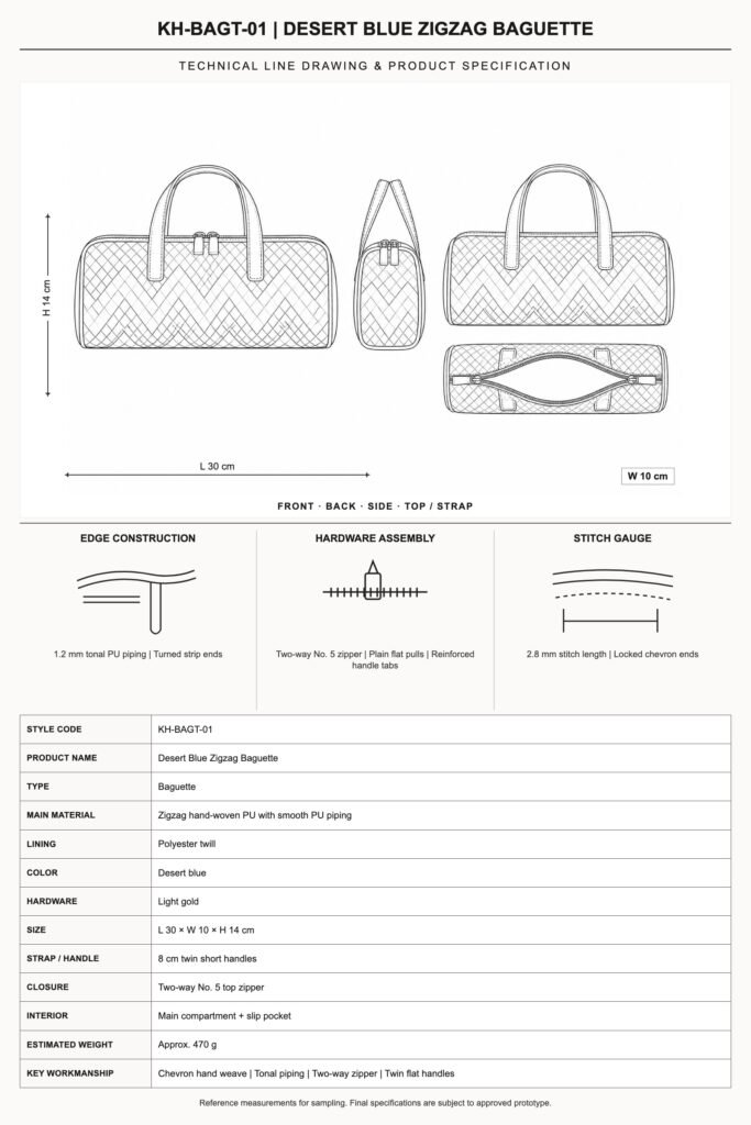 KH-BAGT-01 Desert Blue Zigzag Baguette technical line drawing and product specification