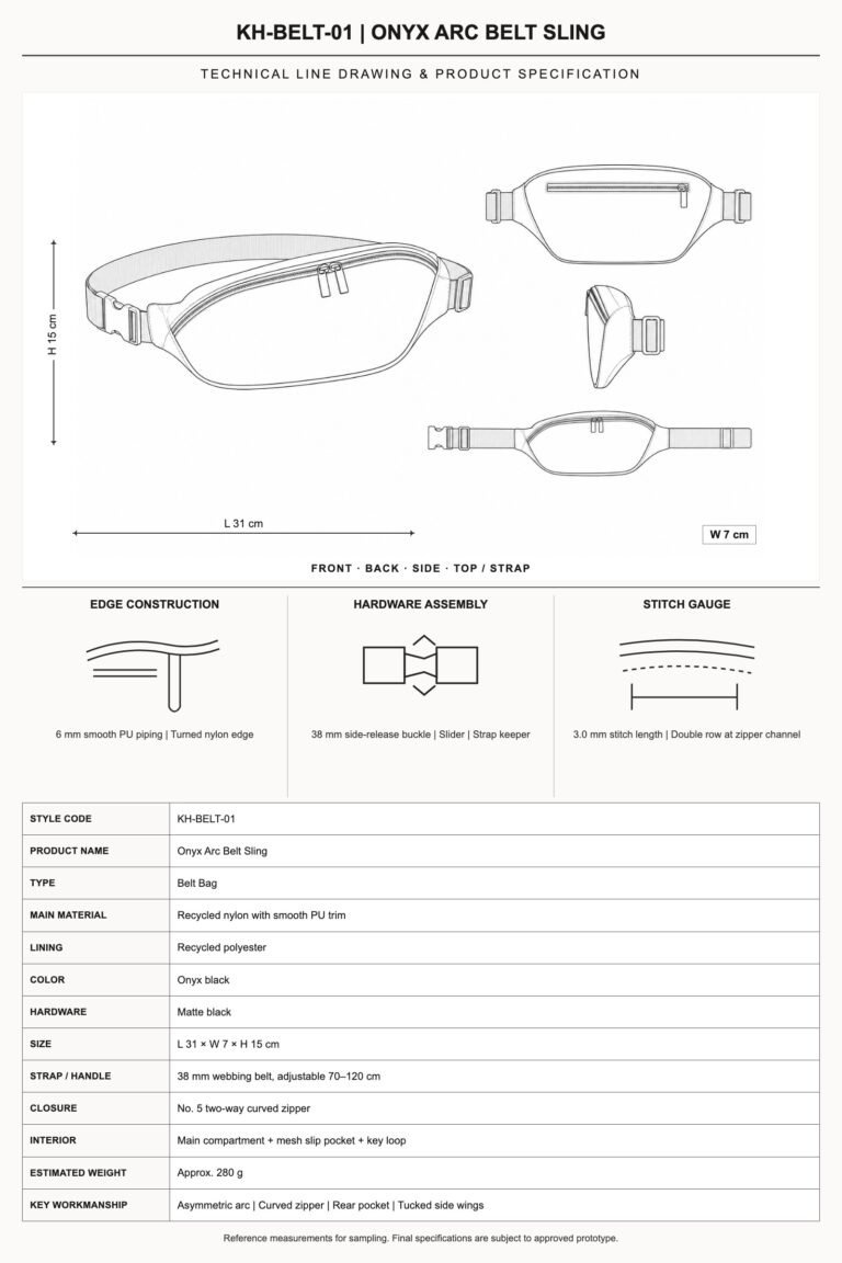 KH-BELT-01 Onyx Arc Belt Sling technical line drawing and product specification