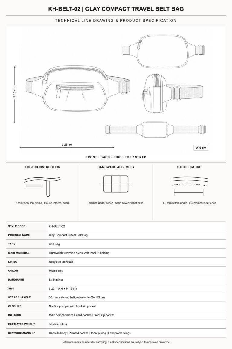 KH-BELT-02 Clay Compact Travel Belt Bag technical line drawing and product specification