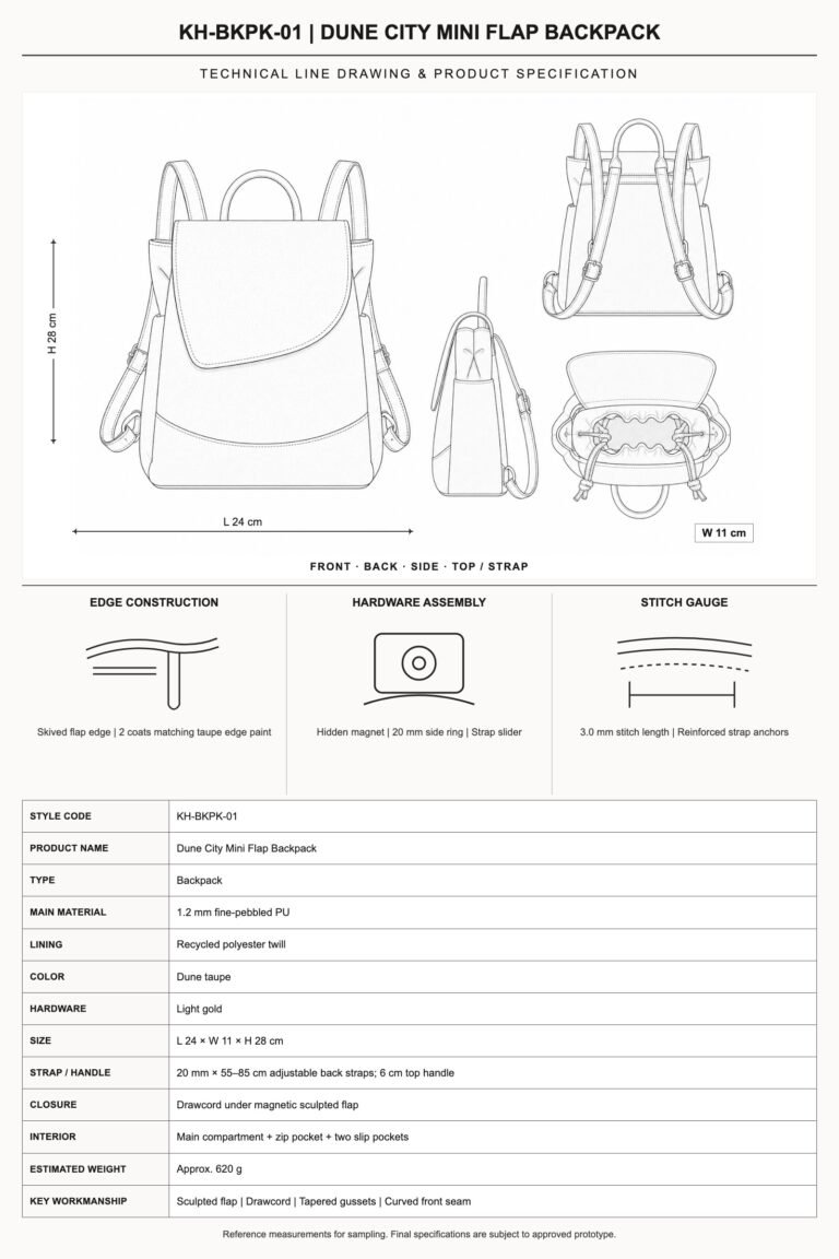 KH-BKPK-01 Dune City Mini Flap Backpack technical line drawing and product specification