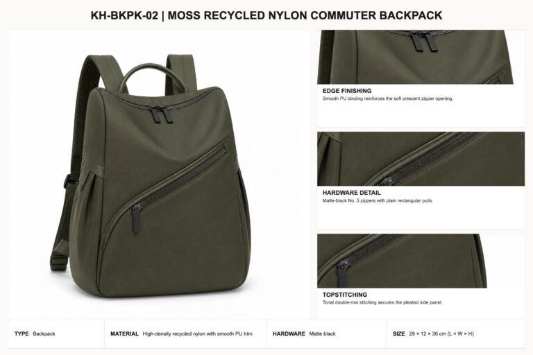 KH-BKPK-02 Moss Recycled Nylon Commuter Backpack craft details