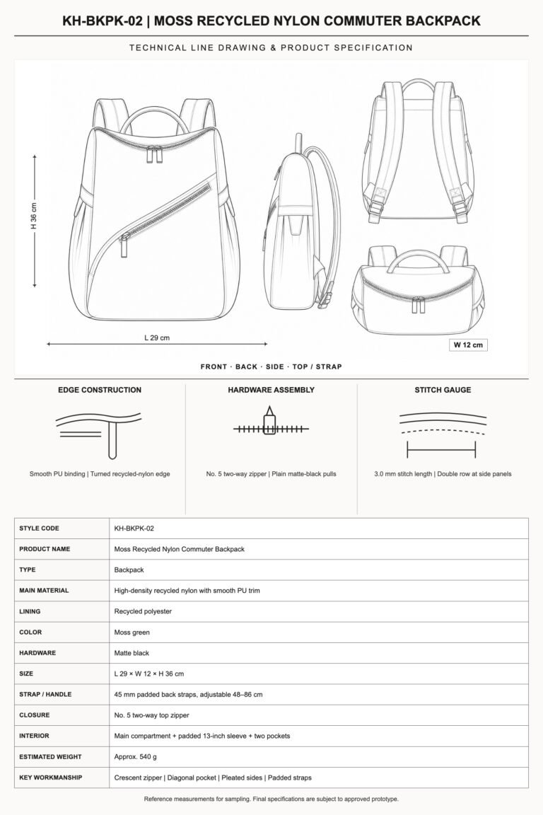 KH-BKPK-02 Moss Recycled Nylon Commuter Backpack technical line drawing and product specification