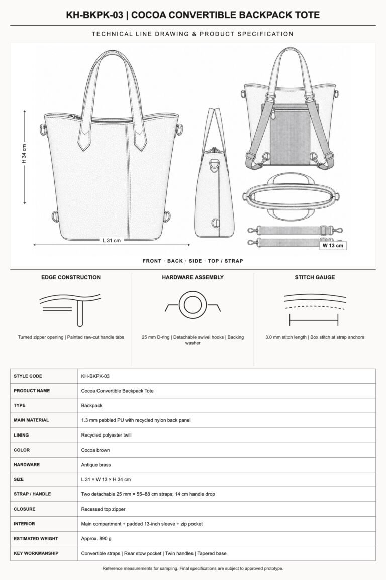 KH-BKPK-03 Cocoa Convertible Backpack Tote technical line drawing and product specification