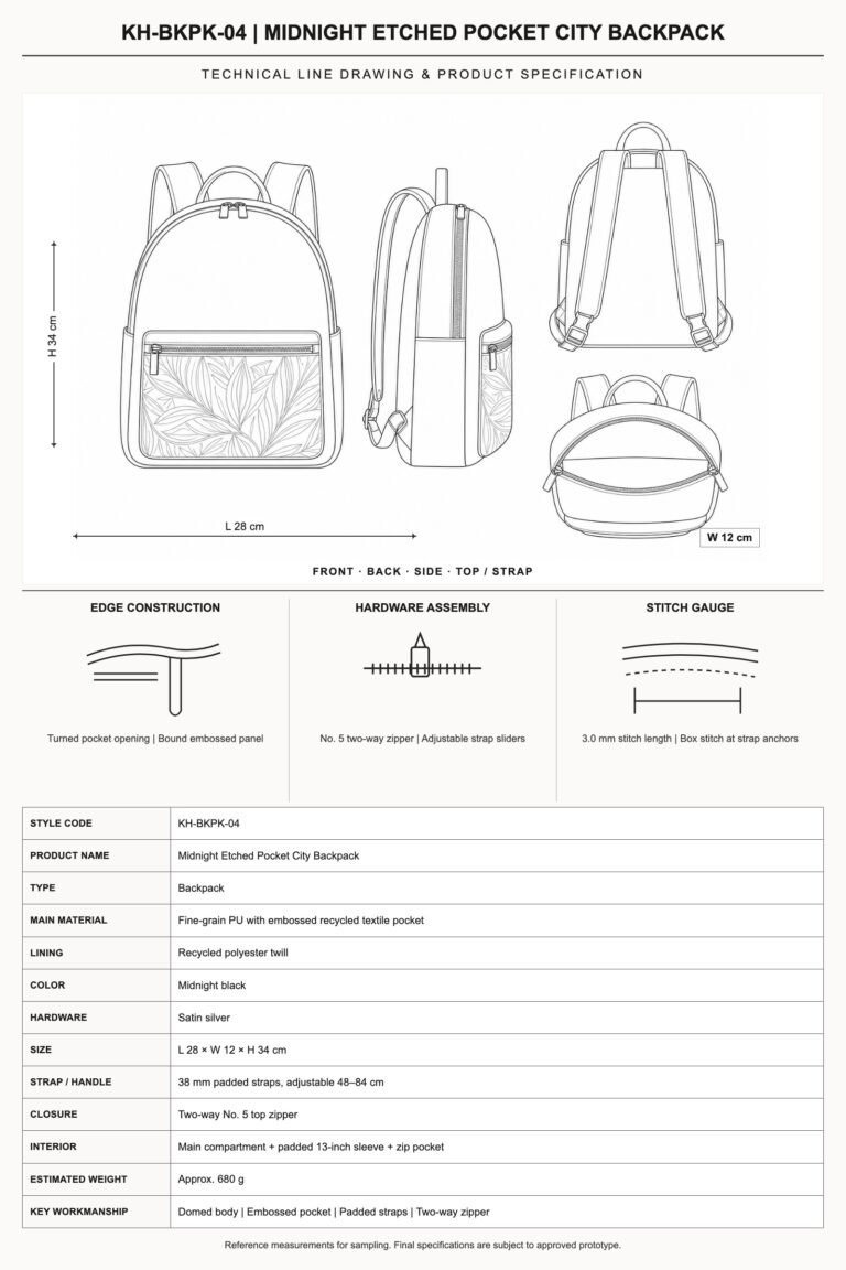 KH-BKPK-04 Midnight Etched Pocket City Backpack technical line drawing and product specification