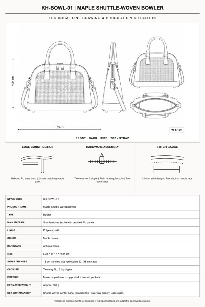 KH-BOWL-01 Maple Shuttle-Woven Bowler technical line drawing and product specification