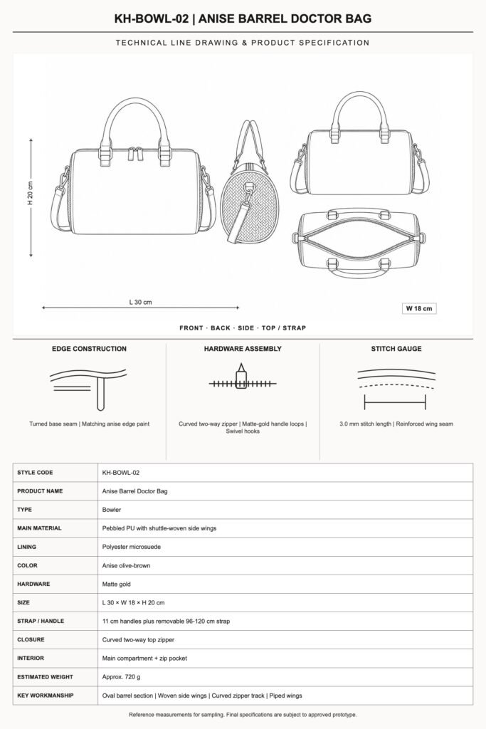 KH-BOWL-02 Anise Barrel Doctor Bag technical line drawing and product specification