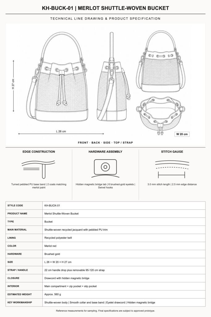 KH-BUCK-01 Merlot Shuttle-Woven Bucket technical line drawing and product specification