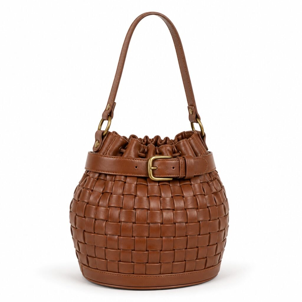 KH-BUCK-02 Toffee Woven Belted Bucket, front view on a white background