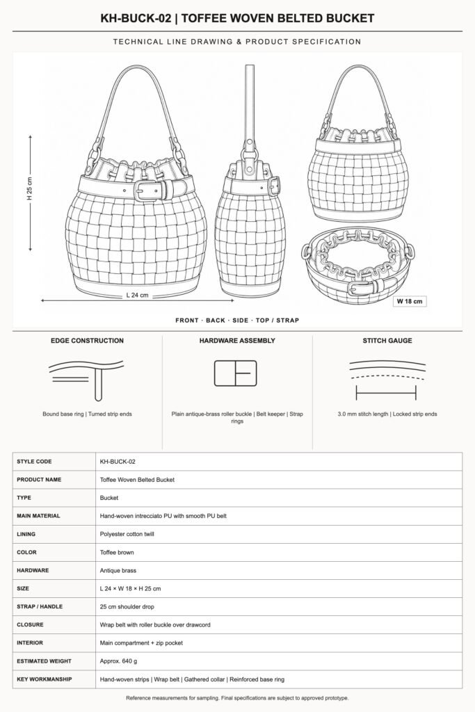 KH-BUCK-02 Toffee Woven Belted Bucket technical line drawing and product specification