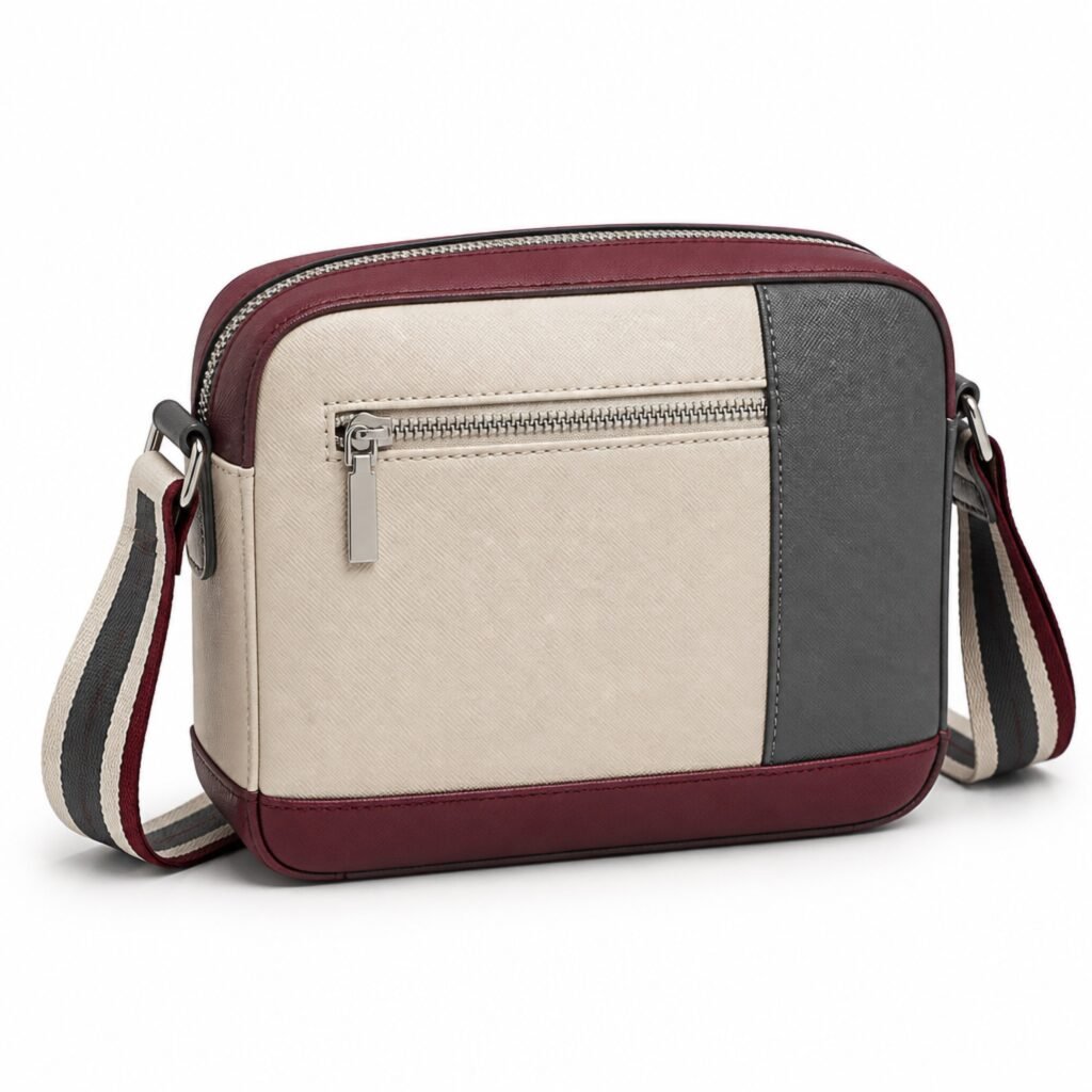 KH-CAMR-01 Cream Jacquard Camera Bag, front view on a white background