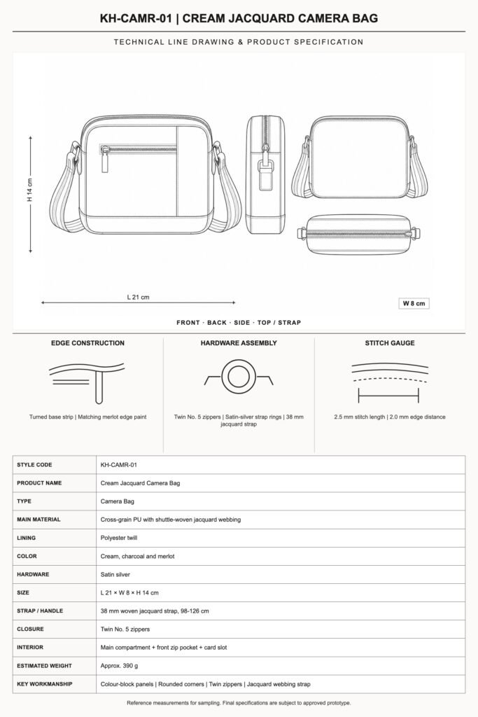 KH-CAMR-01 Cream Jacquard Camera Bag technical line drawing and product specification