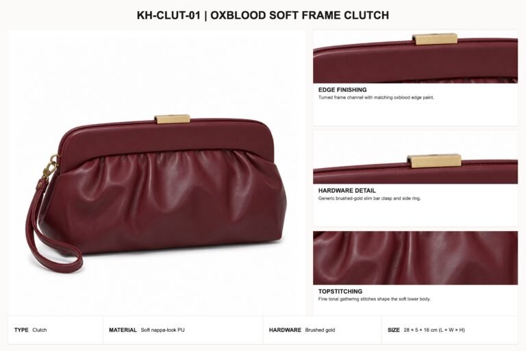 KH-CLUT-01 Oxblood Soft Frame Clutch craft details
