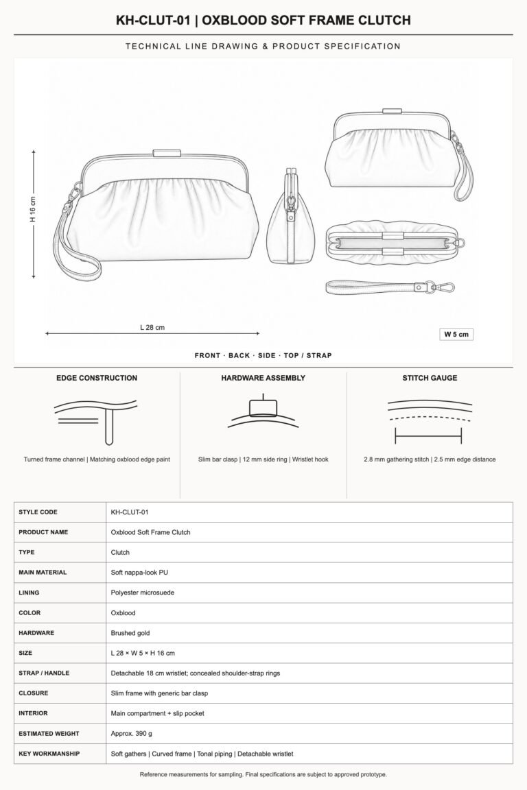 KH-CLUT-01 Oxblood Soft Frame Clutch technical line drawing and product specification