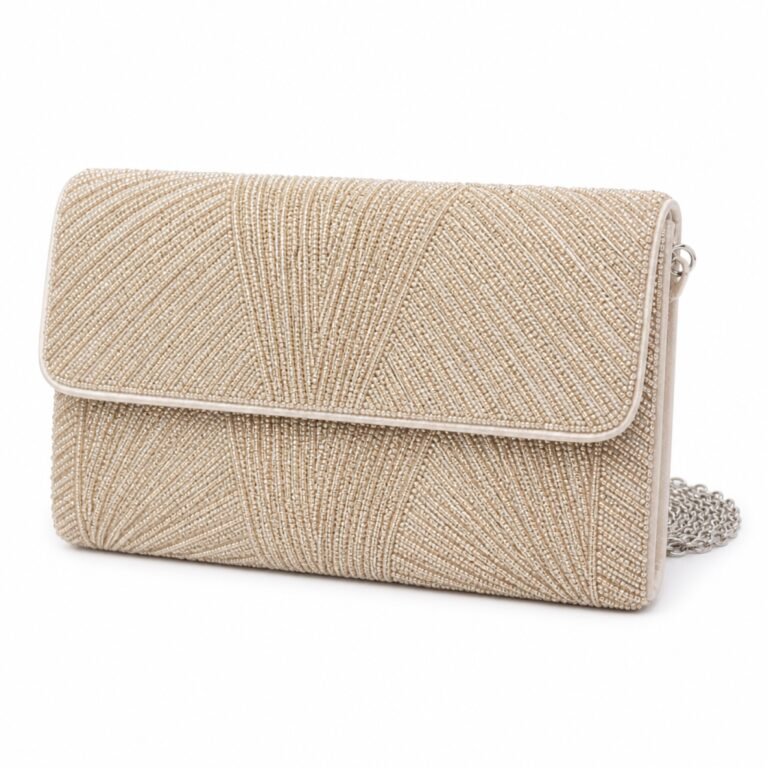 KH-CLUT-02 Champagne Beaded Fold Clutch, front view on a white background
