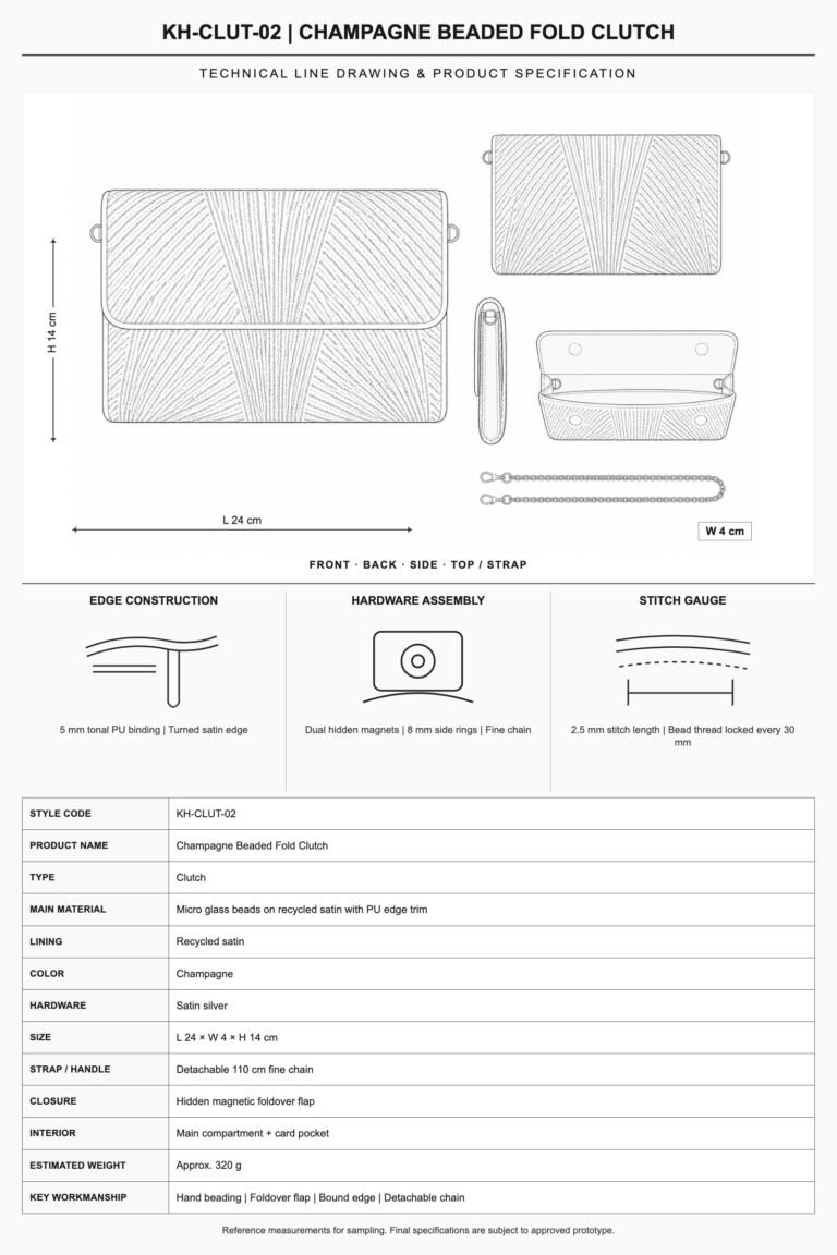 KH-CLUT-02 Champagne Beaded Fold Clutch technical line drawing and product specification