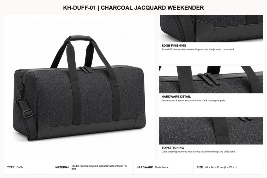 KH-DUFF-01 Charcoal Jacquard Weekender craft details