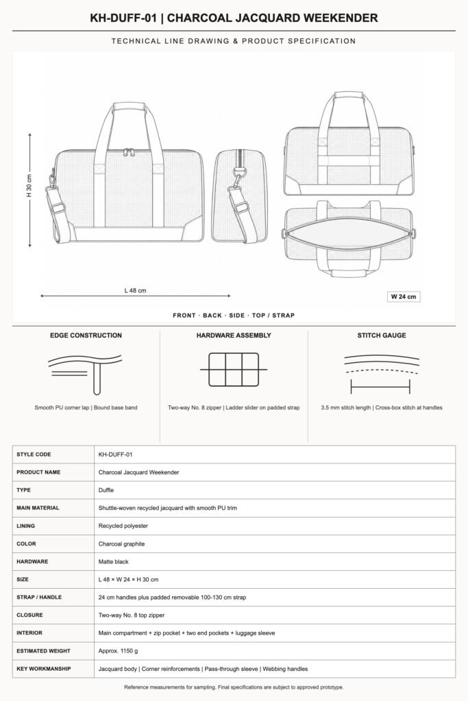 KH-DUFF-01 Charcoal Jacquard Weekender technical line drawing and product specification