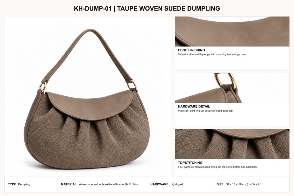 KH-DUMP-01 Taupe Woven Suede Dumpling craft details