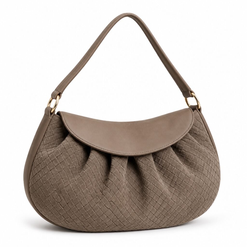 KH-DUMP-01 Taupe Woven Suede Dumpling, front view on a white background