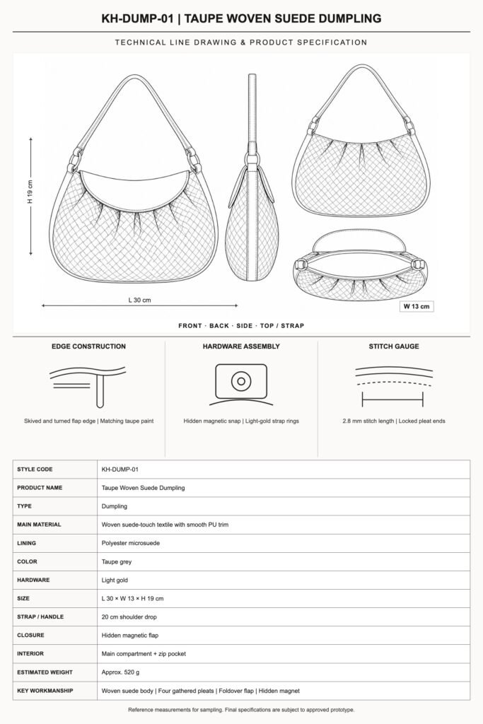 KH-DUMP-01 Taupe Woven Suede Dumpling technical line drawing and product specification