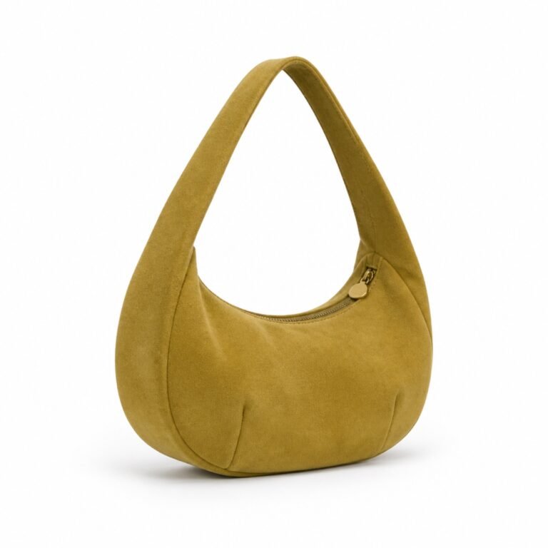 KH-HOBO-01 Golden Olive Suede Mini Hobo, front view on a white background