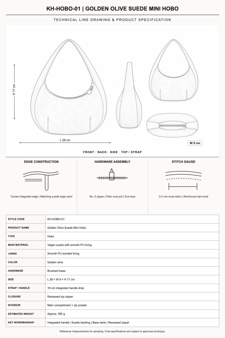 KH-HOBO-01 Golden Olive Suede Mini Hobo technical line drawing and product specification