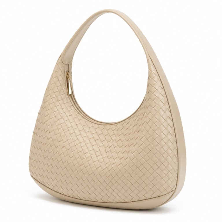 KH-HOBO-02 Natural Woven Crescent Hobo, front view on a white background