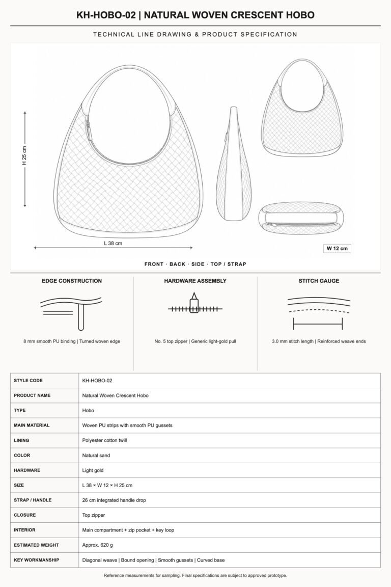 KH-HOBO-02 Natural Woven Crescent Hobo technical line drawing and product specification