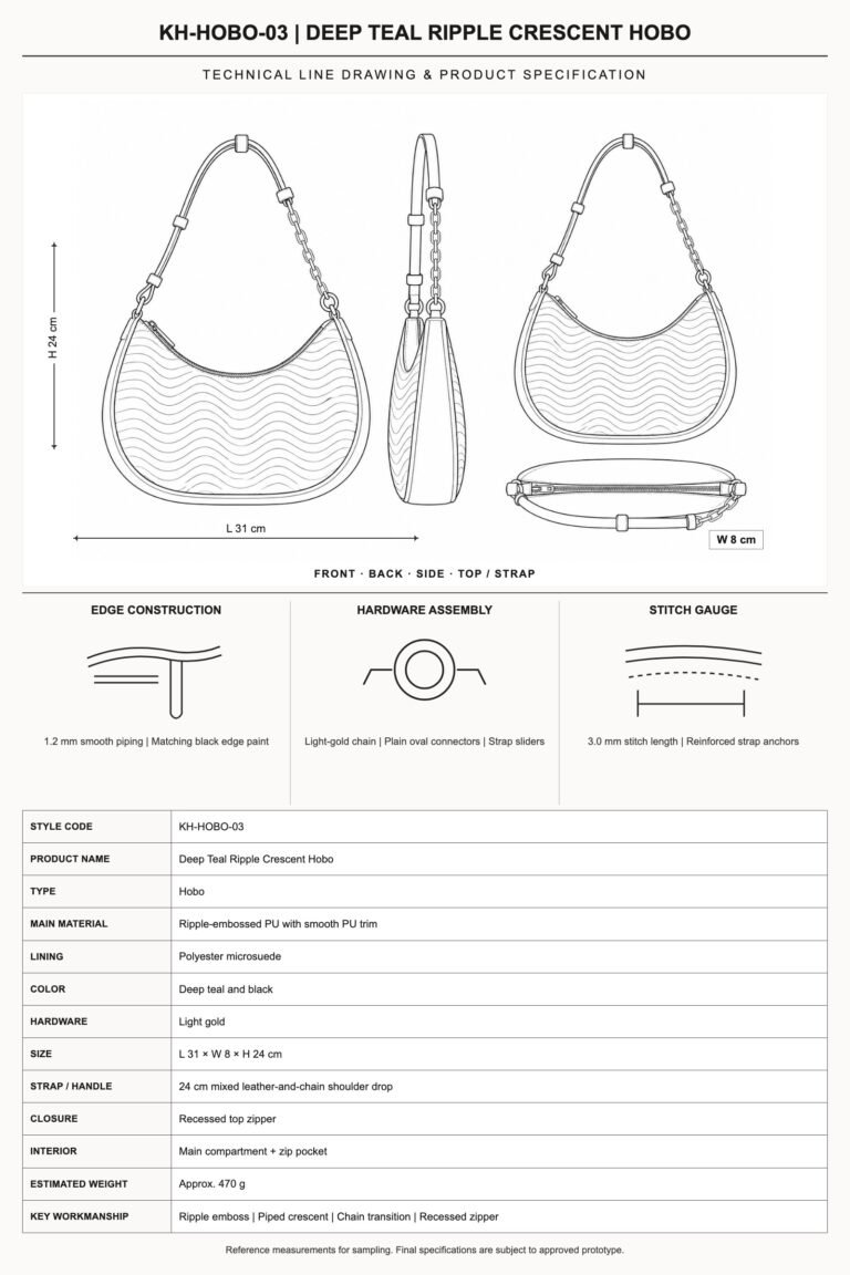 KH-HOBO-03 Deep Teal Ripple Crescent Hobo technical line drawing and product specification