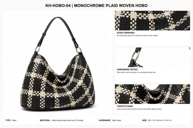 KH-HOBO-04 Monochrome Plaid Woven Hobo craft details