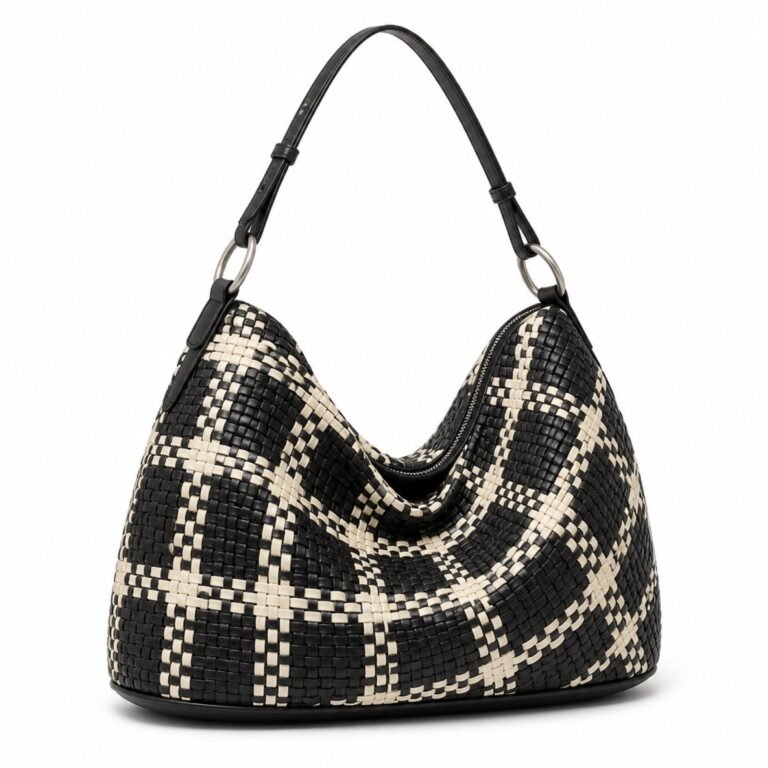 KH-HOBO-04 Monochrome Plaid Woven Hobo, front view on a white background