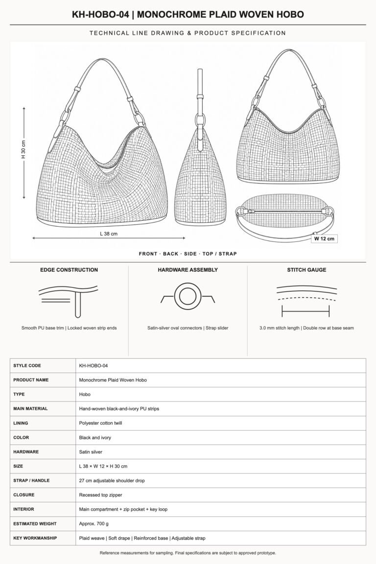 KH-HOBO-04 Monochrome Plaid Woven Hobo technical line drawing and product specification