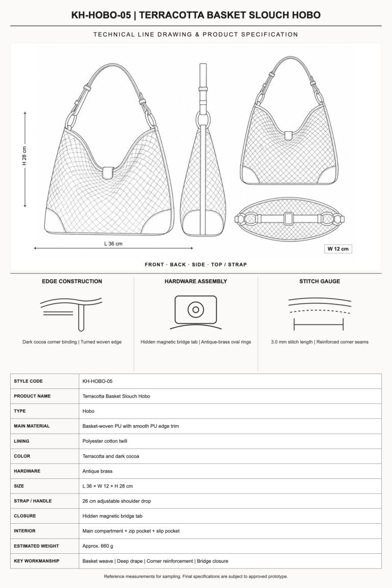 KH-HOBO-05 Terracotta Basket Slouch Hobo technical line drawing and product specification