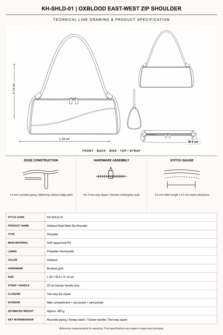 KH-SHLD-01 Oxblood East-West Zip Shoulder technical line drawing and product specification