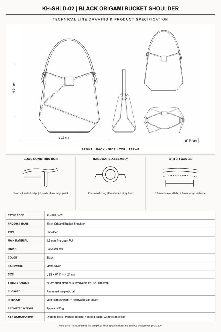 KH-SHLD-02 Black Origami Bucket Shoulder technical line drawing and product specification
