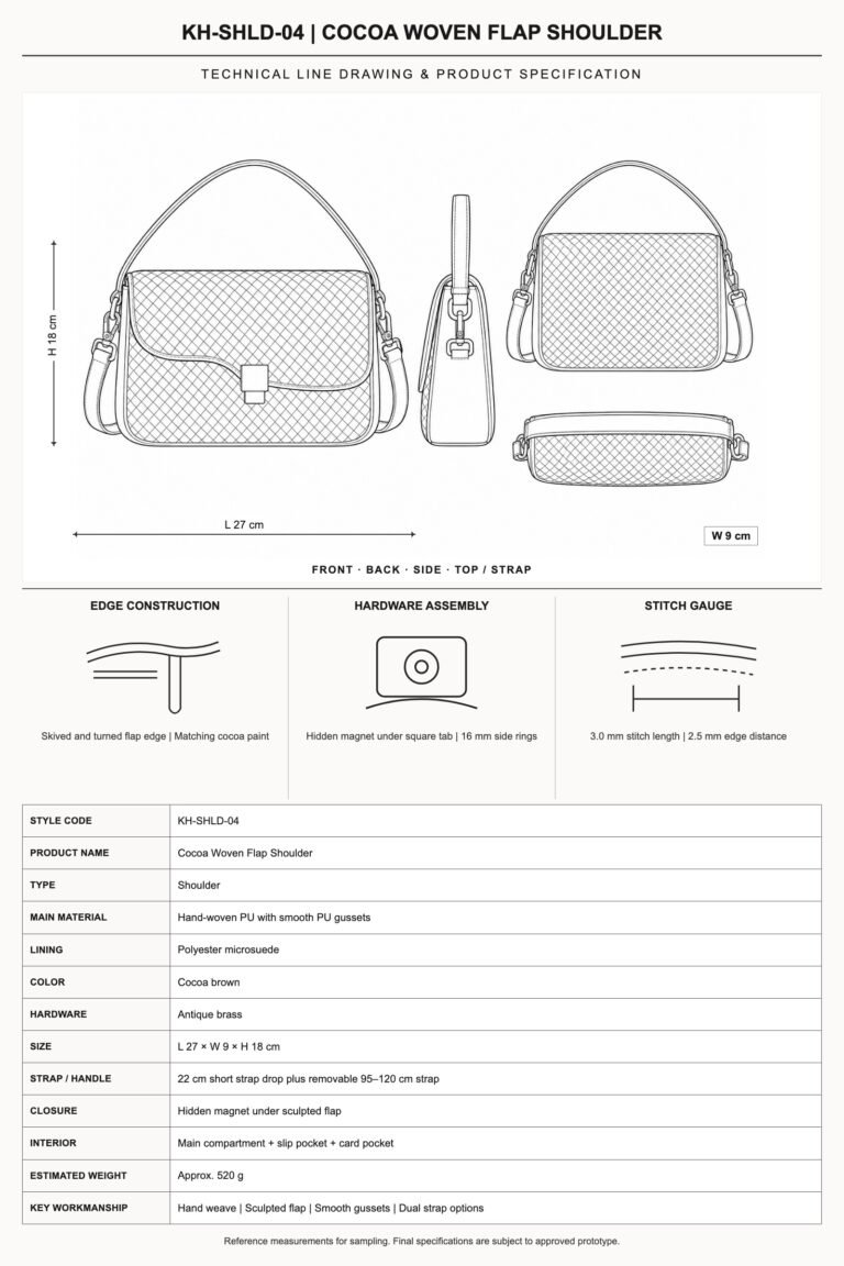 KH-SHLD-04 Cocoa Woven Flap Shoulder technical line drawing and product specification