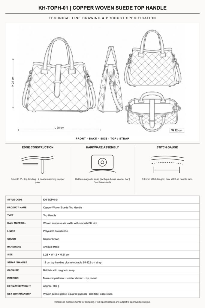 KH-TOPH-01 Copper Woven Suede Top Handle technical line drawing and product specification
