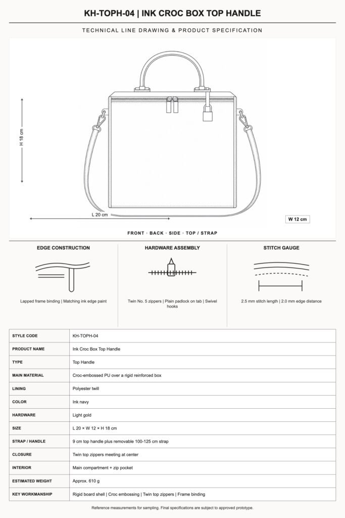 KH-TOPH-04 Ink Croc Box Top Handle technical line drawing and product specification