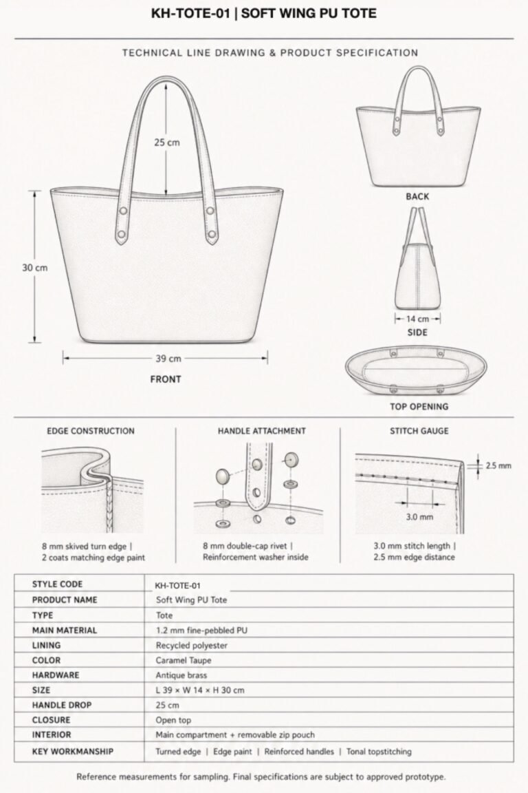 KH-TOTE-01 Soft Wing PU Tote technical line drawing and product specification